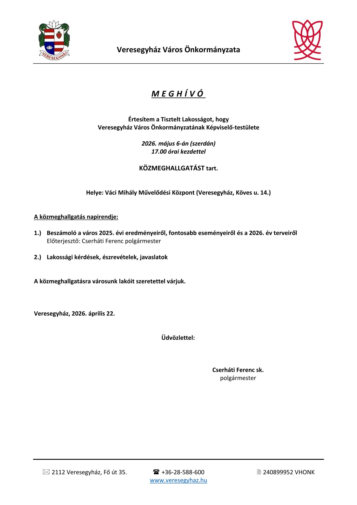 MEGHÍVÓ - közmeghallgatás 2026
