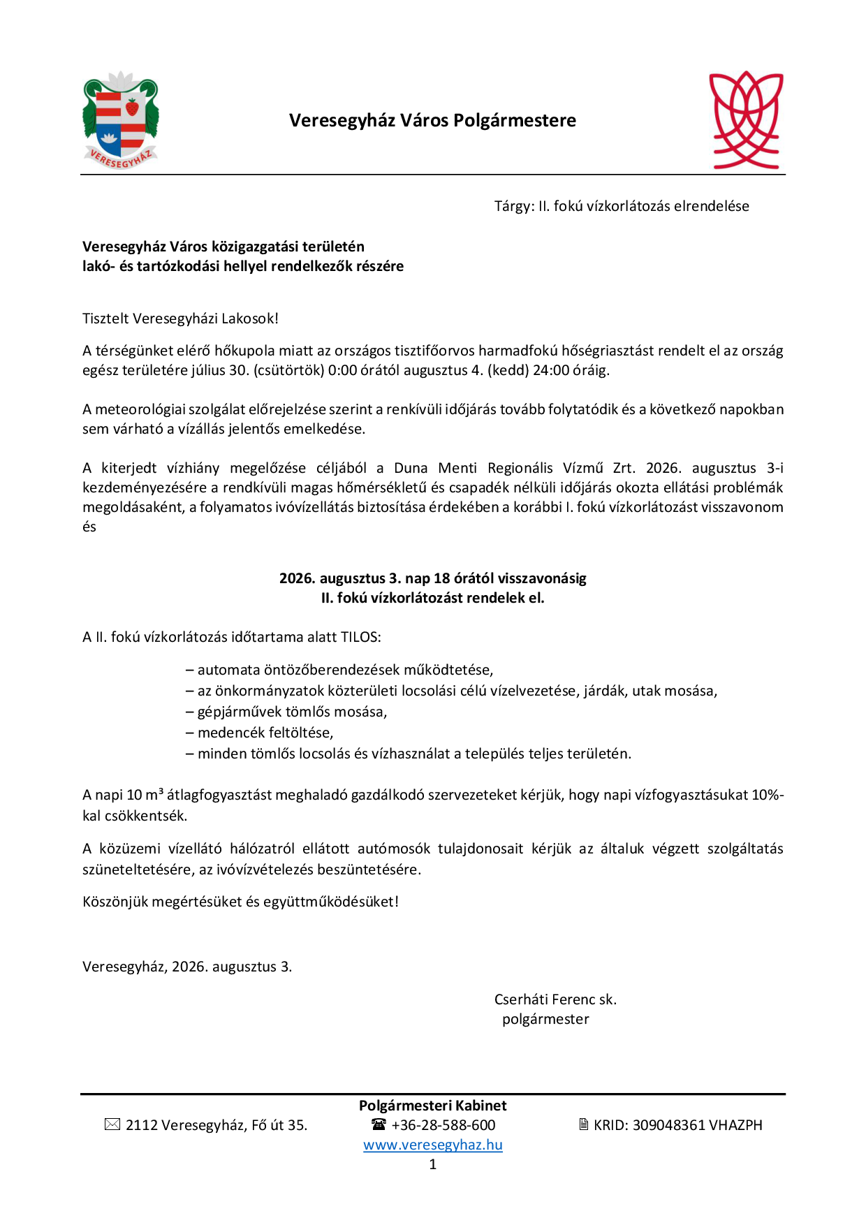 II. fokú vízkorlátozás(2026.aug)