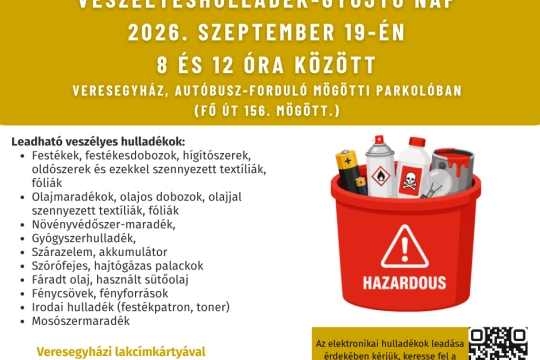 veszélyeshulladék-gyűjtő nap 2026. szeptember 19-én 8 és 12 óra között Veresegyház, autóbusz-forduló mögötti parkolóban (Fő út 156. mögött.)