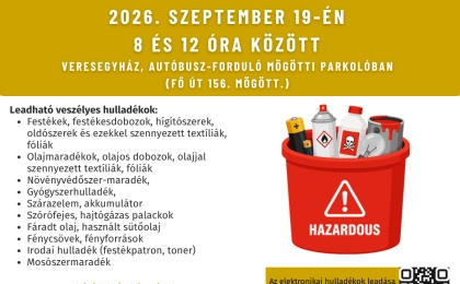 veszélyeshulladék-gyűjtő nap 2026. szeptember 19-én 8 és 12 óra között Veresegyház, autóbusz-forduló mögötti parkolóban (Fő út 156. mögött.)